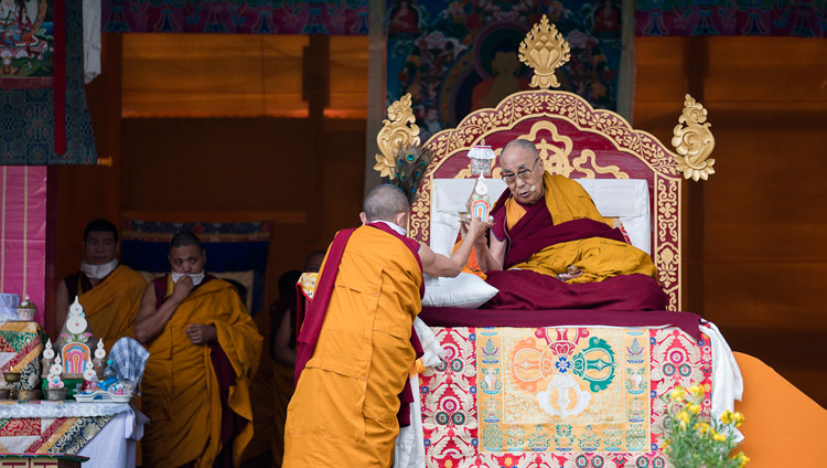 His Holiness the Dalai Lama during the White Tara Long-Life Empowerment at Buddha Park in Bomdila, AP, India on April 5, 2017. Photo by Tenzin Choejor/OHHDL