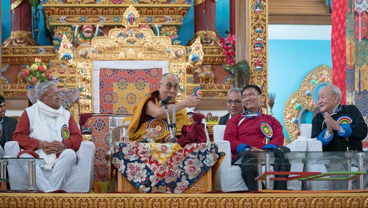 His Holiness the Dalai Lama, seated between Governor of Arunachal Pradesh, Padmanabha Acharya and Chief Minister Pema Khandu, addressing the audience at the inaugural ceremony of the new temple at Thubsung Dhargyeling Monastery in Dirang, Arunachal Pradesh, India on April 6, 2017. Photo by Tenzin Choejor/OHHDL