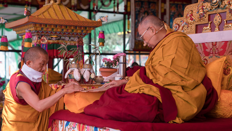 His Holiness the Dalai Lama granting the Avalokiteshvara Empowerment at the Yiga Choezin teaching ground in Tawang, Arunachal Pradesh, India on April 9, 2017. Photo by Tenzin Choejor/OHHDL