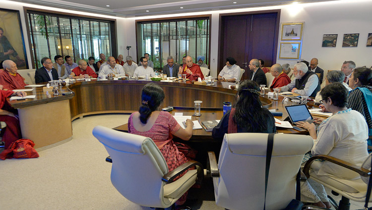 His Holiness the Dalai Lama speaking during the meeting with the Core Committee Working on the Curriculum for Universal Values in New Delhi, India on April 28, 2017. Photo by Lobsang Tsering/OHHDL