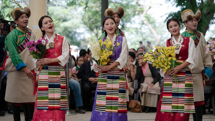 Artists from TIPA performing a song composed to celebrate His Holiness the Dalai Lama's 80th Birthday at the public reception for the bipartisan US Congressional Delegation at the Tsuglagkhang courtyard in Dharamsala, HP, India on May 10, 2017. Photo by Tenzin Choejor/OHHDL Artists from TIPA performing a song composed to celebrate His Holiness the Dalai Lama's 80th Birthday at the public reception for the bipartisan US Congressional Delegation at the Tsuglagkhang courtyard in Dharamsala, HP, India on May 10, 2017. Photo by Tenzin Choejor/OHHDL