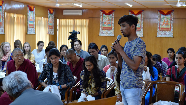 A student explaining his experiences in training in secular ethics during a meeting with His Holiness the Dalai Lama at his residence in Dharamsala, HP, India on May 19, 2017. Photo by Ven Tenzin Damchoe/OHHDL