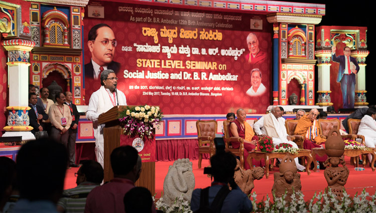 Karnataka Chief Minister Siddaramaiah, speaking at the State Level Seminar on ‘Social Justice and Dr BR Ambedkar’ in Bengaluru, Karnataka, India on May 23, 2017. Photo by Tenzin Choejor/OHHDL