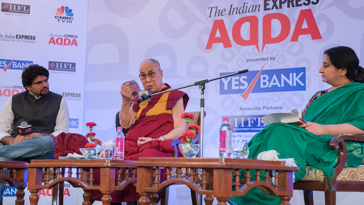 Anant Goenka, Executive Director and Vandita Mishra, National Opinions Editor of the Indian Express group look on as His Holiness the Dalai Lama addresses the audience at an Indian Express Adda in New Delhi, India on May 24, 2017. Photo by Tenzin Choejor/OHHDL