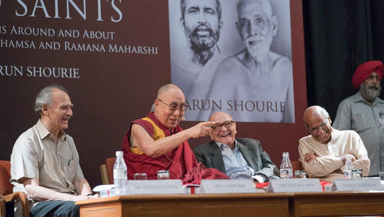 Alan Shourie, Fali Nariman and Shyam Saran enjoying a moment of laughter as His Holiness the Dalai Lama answers a question from the audience at the launch of "Two Saints" at the Indian International Centre in New Delhi, India on May 25, 2017. Photo by Tenzin Choejor/OHHDL