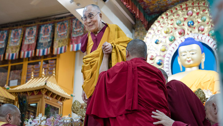 His Holiness the Dalai Lama taking his seat on his arrival at the Main Tibetan Temple in Dharamsala, HP, India on May 27, 2017. Photo by Tenzin Choejor/OHHDL