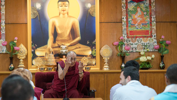 His Holiness the Dalai Lama speaking to a group of students from Emory University at his residence in Dharamsala, HP, India on May 29, 2017. Photo by Tenzin Choejor/OHHDL