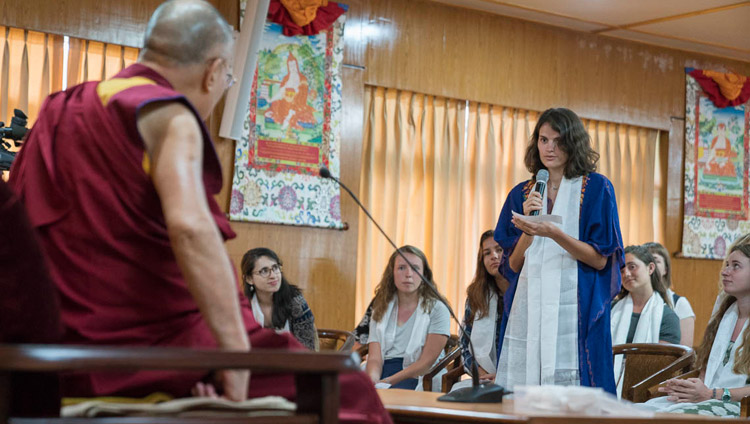 A student from Emory University asking His Holiness the Dalai Lama a question during their meeting at his residence in Dharamsala, HP, India on May 29, 2017. Photo by Tenzin Choejor/OHHDL