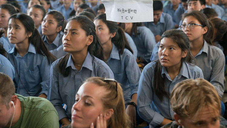 Students from TCV listening to His Holiness the Dalai Lama on the first day of his teachings for Tibetan youth at the Main Tibetan Temple in Dharamsala, HP, India on June 5, 2017. Photo by Tenzin Choejor/OHHDL