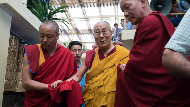 His Holiness the Dalai Lama arriving at the Main Tibetan Temple for the final day of his three day teaching for Tibetan youth in Dharamsala, HP, India on June 7, 2017. Photo by Tenzin Choejor/OHHDL His Holiness the Dalai Lama arriving at the Main Tibetan Temple for the final day of his three day teaching for Tibetan youth in Dharamsala, HP, India on June 7, 2017. Photo by Tenzin Choejor/OHHDL