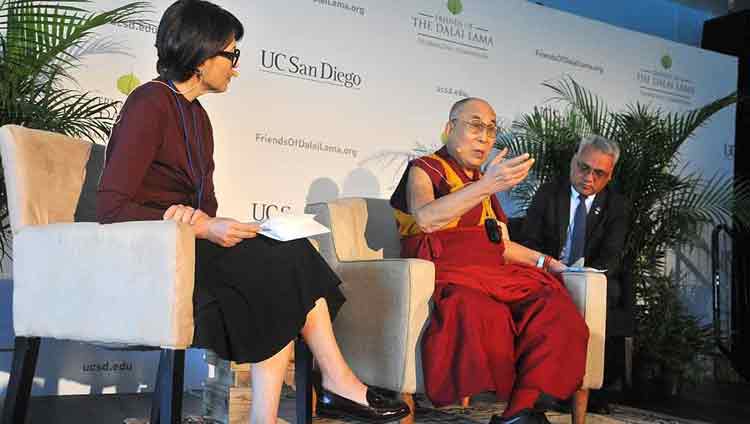 Journalist Ann Curry looks on as His Holiness the Dalai Lama speaks to members of the media in San Diego, CA, USA on June 16, 2017. Photo by Ken Stone