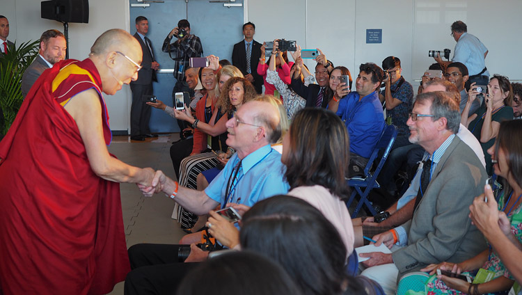 His Holiness the Dalai Lama greeting members of the media as he arrives for their meeting in San Diego, CA, USA on June 16, 2017. Photo by Jeremy Russell/OHHDL