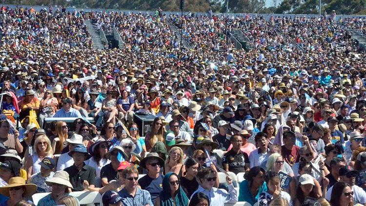 Some of the more that 25,000 people attending His Holiness the Dalai Lama's talk at UC San Diego's RIMAC Field in San Diego, CA, USA on June 16, 2017. Photo by Chris Stone Some of the more that 25,000 people attending His Holiness the Dalai Lama's talk at UC San Diego's RIMAC Field in San Diego, CA, USA on June 16, 2017. Photo by Chris Stone