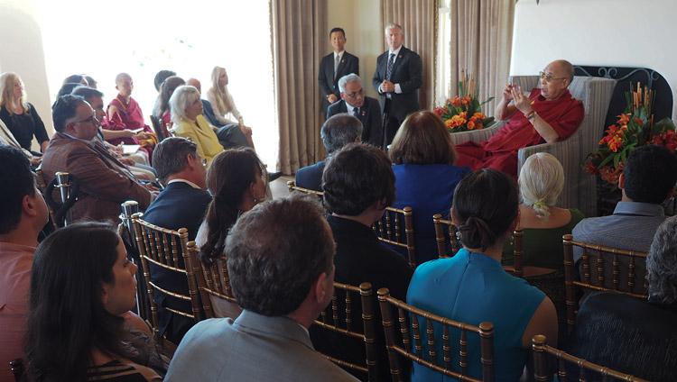 His Holiness the Dalai Lama interacting with friends and supporters of the University of California San Diego at the Chancellor’s residence in San Diego, CA, USA on June 16, 2017. Photo by Jeremy Russell/OHHDL His Holiness the Dalai Lama interacting with friends and supporters of the University of California San Diego at the Chancellor’s residence in San Diego, CA, USA on June 16, 2017. Photo by Jeremy Russell/OHHDL