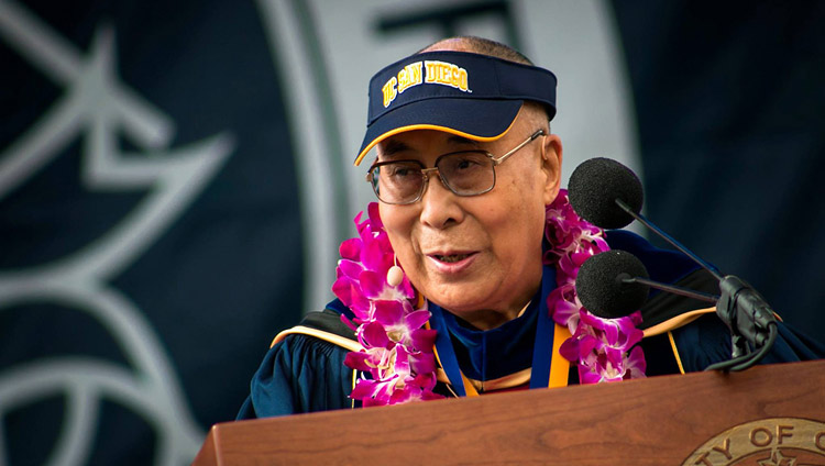 His Holiness the Dalai Lama delivering the Keynote Address at the UCSD Commencement ceremony in San Diego, CA, on June 17, 2017. Photo by UCSD