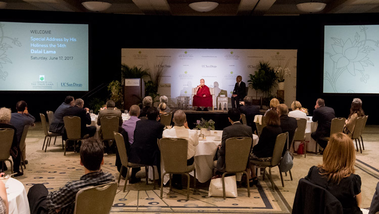 His Holiness the Dalai Lama speaking at a luncheon with the Leadership of the University of California San Diego in San Diego, CA, on June 17, 2017. Photo by Erik Jepsen/UC San Diego