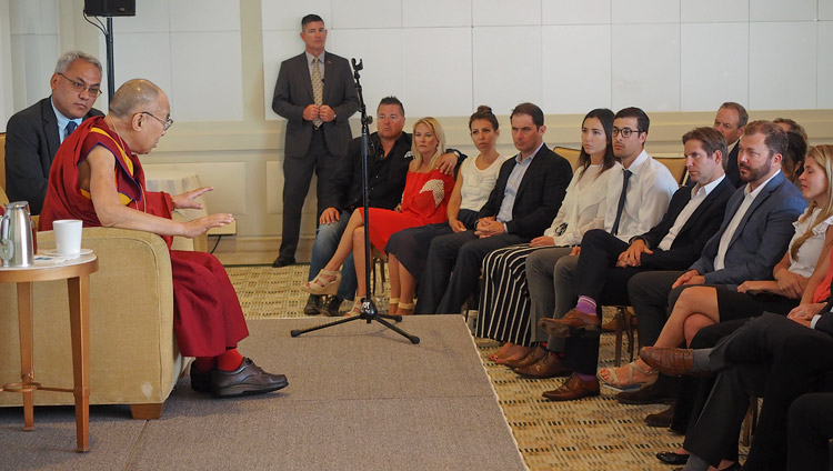 His Holiness the Dalai Lama speaking to members of the Young Presidents' Organization (YPO) in Newport Beach, CA, USA on June 19, 2017. Photo by Jeremy Russell/OHHDL