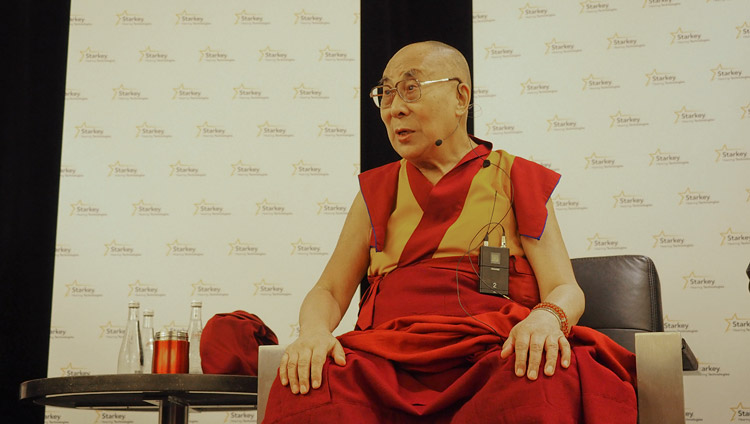 His Holiness the Dalai Lama answering questions from the audience during his talk at Starkey Hearing Technologies in Minneapolis, MN, USA on June 22, 2017. Photo by Jeremy Russell/OHHDL