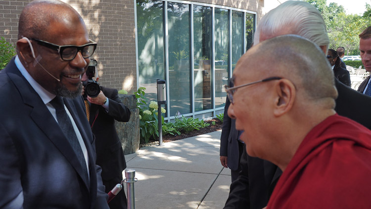 His Holiness the Dalai Lama greeting Forest Whitaker on his arrival to participate in a discussion on compassion at the Starkey Campus in Minneapolis, MN, USA on June 23, 2017. Photo by Jeremy Russell/OHHDL