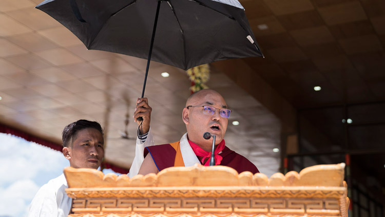 Speaker of the Tibetan Parliament in Exile, Khenpo Sonam Tenphel, addressing the crowd during celebrations in honor of His Holiness the Dalai Lama's 82nd birthday in Leh, Ladakh, J&K, India on July 6, 2017. Photo by Tenzin Choejor/OHHDL