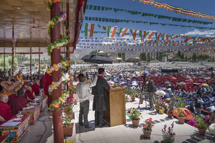 Sikyong Dr Lobsang Sangay addressing the crowd during celebrations in honor of His Holiness the Dalai Lama's 82nd birthday at the Shiwatsel teaching ground in Leh, Ladakh, J&K, India on July 6, 2017. Photo by Tenzin Choejor/OHHDL