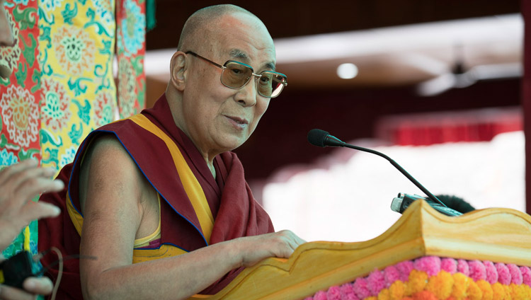 His Holiness the Dalai Lama addressing the crowd of over 7000 during the closing ceremony of the Great Summer Debate at the teaching ground in Disket, Nubra Valley, J&K, India on July 10, 2017. Photo by Tenzin Choejor/OHHDL