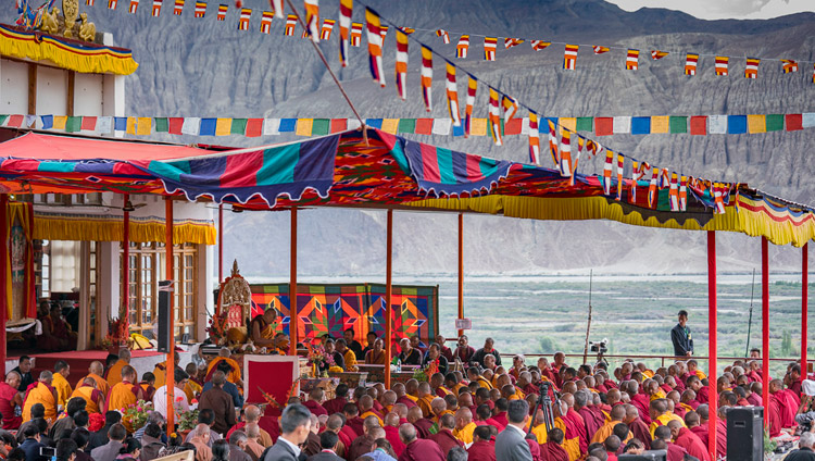 A view of the teaching ground on the final day of His Holiness the Dalai Lama's teachings in Disket, Nubra Valley, J&K, India on July 13, 2017. Photo by Tenzin Choejor/OHHDL