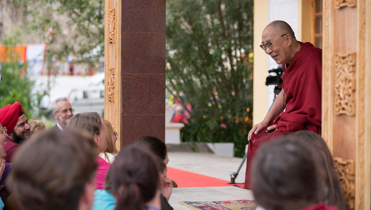 His Holiness the Dalai Lama addressing 100 foreigners who attended his teachings in  Disket, Nubra Valley, J&K, India on July 13, 2017. Photo by Tenzin Choejor/OHHDL