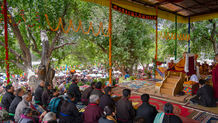 A view of the teaching ground below Samstanling Monastery, venue for His Holiness the Dalai Lama's teaching in Sumur, Nubra Valley, J&K, India on July 14, 2017. Photo by Tenzin Choejor/OHHDL