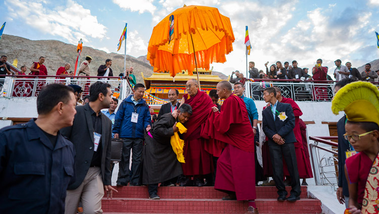 His Holiness the Dalai Lama departing from Samstanling Monastery in Nubra Valley, J&K, India on July 15, 2017. Photo by Tenzin Choejor/OHHDL