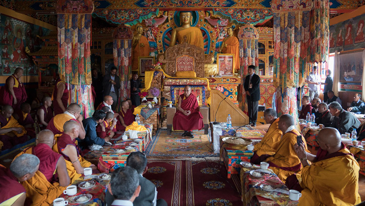 His Holiness the Dalai Lama speaking to monks and dignitaries in the main assembly hall of Matho Monastery in Leh, Ladakh, J&K, India on July 20, 2017. Photo by Tenzin Choejor/OHHDL