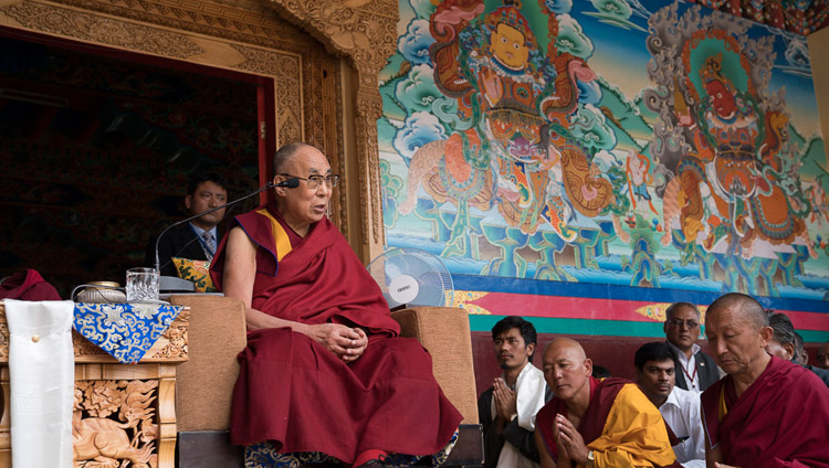 His Holiness the Dalai Lama speaking to members of the public from the veranda of the main assembly hall at Matho Monastery in Leh, Ladakh, J&K, India on July 20, 2017. Photo by Tenzin Choejor/OHHDL