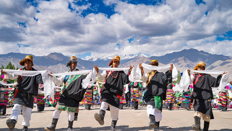 Local Tibetans performing for His Holiness the Dalai Lama during his visit to Tibetan Childrens' Village School Choglamsar in Leh, Ladakh, J&K, India on July 25, 2017. Photo by Tenzin Choejor/OHHDL