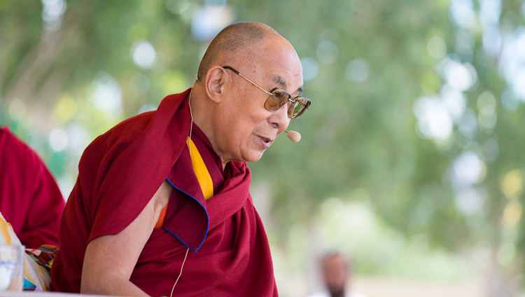 His Holiness the Dalai Lama addressing the crowd during his visit to Tibetan Childrens' Village School Choglamsar in Leh, Ladakh, J&K, India on July 25, 2017. Photo by Tenzin Choejor/OHHDL