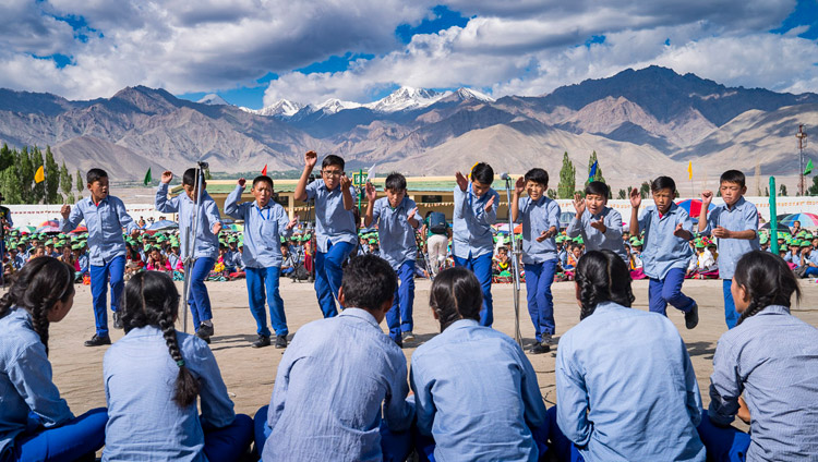 Students debating Buddhist Philosophy in front of His Holiness the Dalai Lama during his visit to Tibetan Childrens' Village School Choglamsar in Leh, Ladakh, J&K, India on July 25, 2017. Photo by Tenzin Choejor/OHHDL