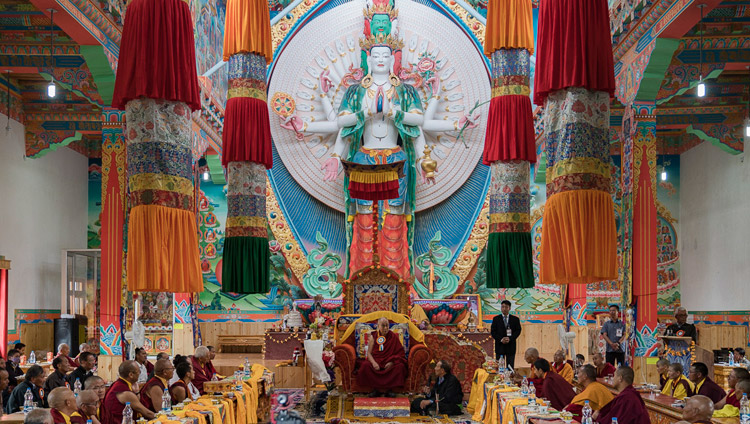 His Holiness the Dalai Lama speaking in the assembly hall during the inauguration ceremony at Dudjom Nunnery in Shey, Ladakh, J&K, India on July 26, 2017. Photo by Tenzin Choejor/OHHDL