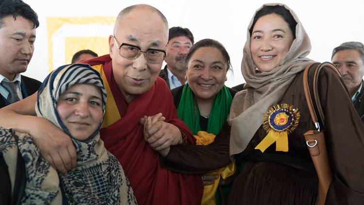 His Holiness the Dalai Lama with members of the Muslim community after his talk at Id-Gah in Leh, Ladakh, J&K, India on July 26, 2017. Photo by Tenzin Choejor/OHHDL