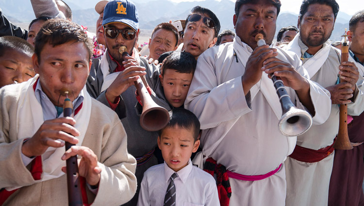 Local residents playing traditional instruments welcoming His Holiness the Dalai Lama as he arrives at Dudjom Nunnery in Shey, Ladakh, J&K, India on July 26, 2017. Photo by Tenzin Choejor/OHHDL