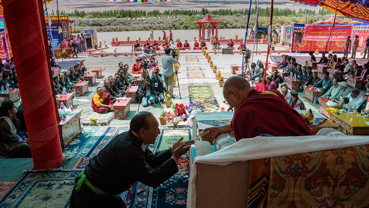 His Holiness the Dalai Lama preparing to address the gathering at the Sindhu Darshan Complex near Shey, Ladakh, J&K, India on July 27, 2017. Photo by Tenzin Choejor/OHHDL