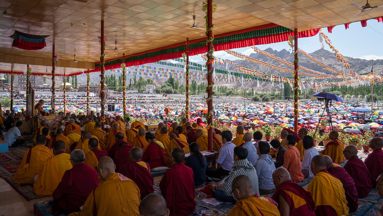 A view from the stage looking out at the 40,000 strong crowd attending His Holiness the Dalai Lama's teaching in Leh, Ladakh, J&K, India on July 28, 2017. Photo by Tenzin Choejor/OHHDL