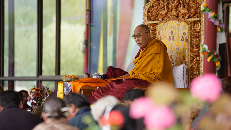 His Holiness the Dalai Lama speaking on the second day of his teachings in Leh, Ladakh, J&K, India on July 29, 2017. Photo by Tenzin Choejor/OHHDL