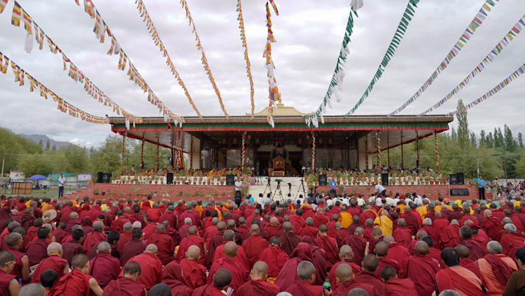 A view of the Shiwatsel teaching pavilion on the second day of His Holiness the Dalai Lama teachings in Leh, Ladakh, J&K, India on July 29, 2017. Photo by Tenzin Choejor/OHHDL