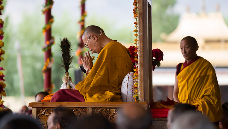 His Holiness the Dalai Lama undertaking preparatory rituals for the Long-Life Empowerment on the final day of his teachings in Leh, Ladakh, J&K, India on July 30, 2017. Photo by Tenzin Choejor/OHHDL