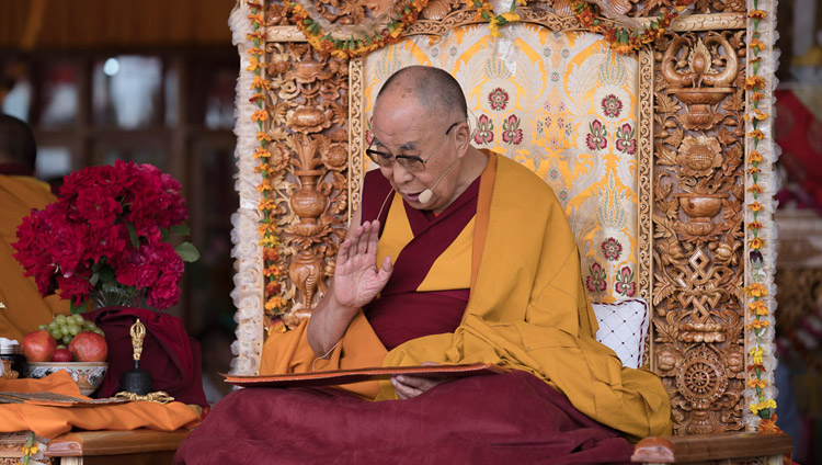 His Holiness the Dalai Lama reading from "A Guide to the Bodhisattva's Way of Life" on the final day of his teachings in Leh, Ladakh, J&K, India on July 30, 2017. Photo by Tenzin Choejor/OHHDL