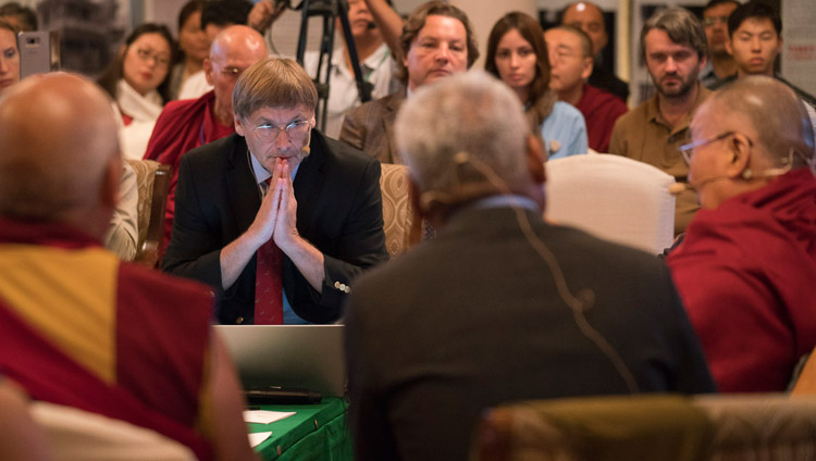 Prof Konstantin Anokhin delivering his presentation on 'Unity of Mind-Brain' at the dialogue between Russian and Buddhist scholars in New Delhi, India on August 7, 2017. Photo by Tenzin Choejor/OHHDL