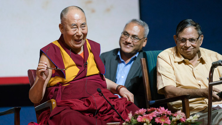 His Holiness the Dalai Lama answering questions from the audience after delivering the  Rajendra Mathur Memorial Lecture in New Delhi, India on August 9, 2017. Photo by Tenzin Choejor/OHHDL