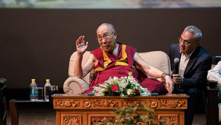 His Holiness the Dalai Lama speaking at the Siri Fort Auditorium in New Delhi, India on August 10, 2017. Photo by Tenzin Choejor/OHHDL His Holiness the Dalai Lama speaking at the Siri Fort Auditorium in New Delhi, India on August 10, 2017. Photo by Tenzin Choejor/OHHDL