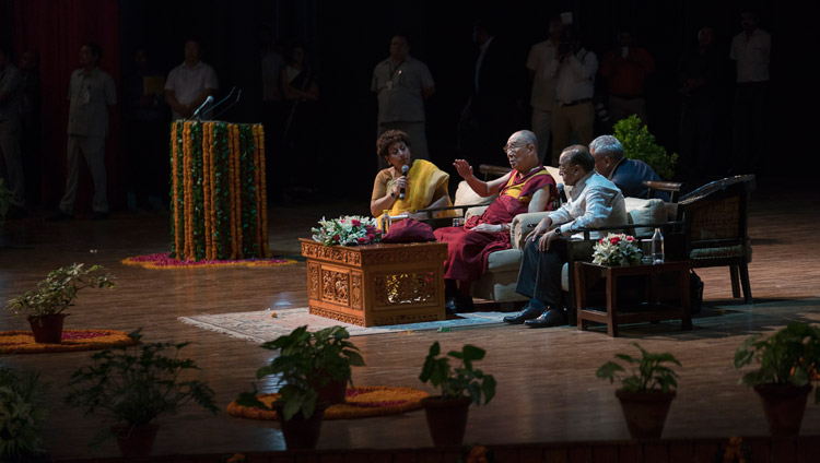 His Holiness the Dalai Lama answering questions from the audience during his talk at the Siri Fort Auditorium in New Delhi, India on August 10, 2017. Photo by Tenzin Choejor/OHHDL His Holiness the Dalai Lama answering questions from the audience during his talk at the Siri Fort Auditorium in New Delhi, India on August 10, 2017. Photo by Tenzin Choejor/OHHDL