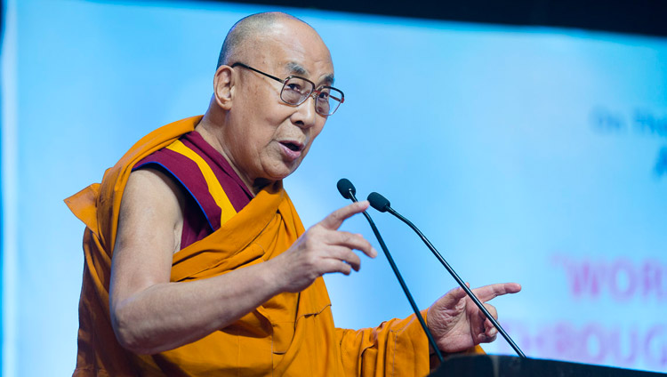 His Holiness the Dalai Lama delivering his address at the interfaith dialogue in Mumbai, India on August 13, 2017. Photo by Tenzin Choejor/OHHDL