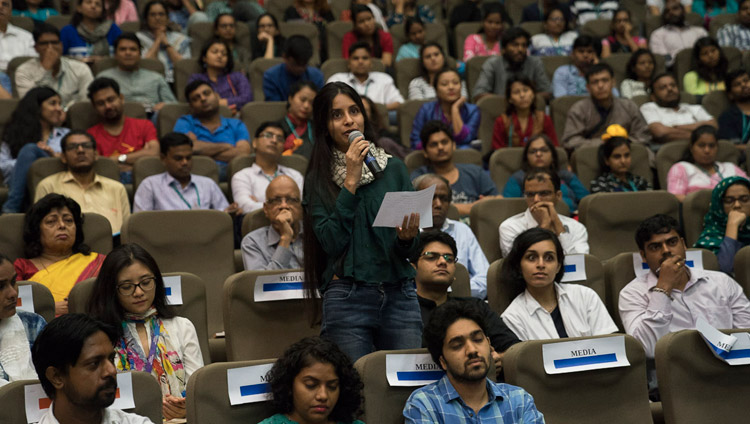 A member of the press asking His Holiness the Dalai Lama a question at the launch of the Secular Ethics for Higher Education course at Tata Institute of Social Sciences in Mumbai, India on August 14, 2017. Photo by Tenzin Choejor/OHHDL